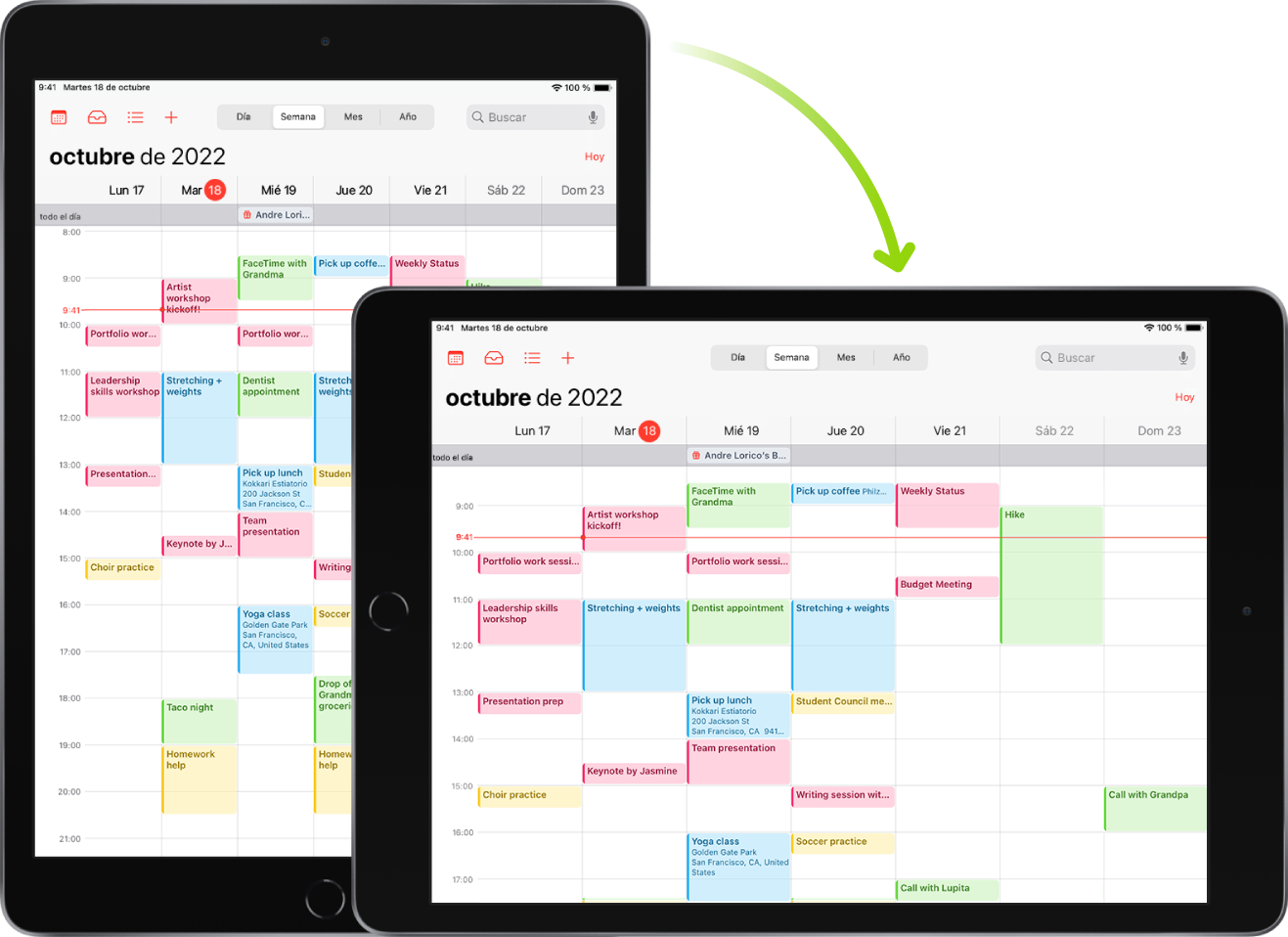 En segundo plano, el iPad muestra una pantalla de Calendario en orientación vertical y, en primer plano, el iPad se ha girado para mostrar la pantalla en horizontal.