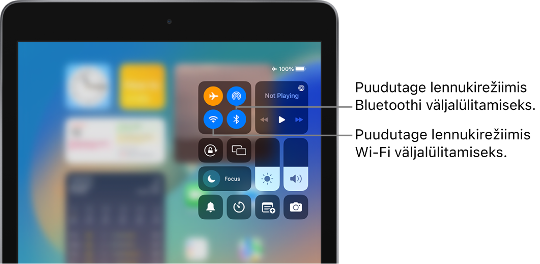 Control Center, kus on lennukirežiim lülitatud sisse. Control Centeri ülemises vasakus nurgas kuvatakse nupud Wi-Fi ja Bluetoothi väljalülitamiseks.