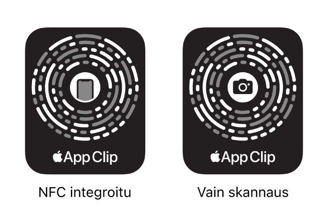 Vasemmalla on NFC-integroitu appiklippikoodi, jonka keskellä on iPhone-kuvake. Oikealla on skannattava appiklippikoodi, jonka keskellä on kamerakuvake.