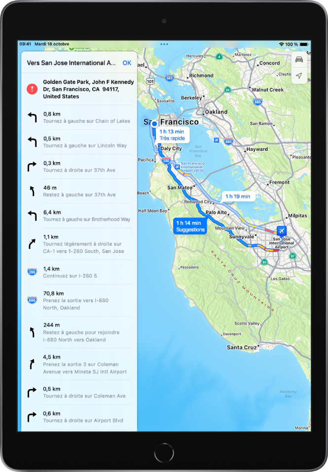 Des itinéraires guidés et un plan indiquant deux itinéraires en voiture entre le Golden Gate Park et l’aéroport international de San José. L’itinéraire suggéré est sélectionné.