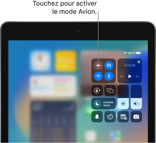 L’écran du centre de contrôle montrant qu’une pression sur le bouton en haut à gauche active le mode Avion.
