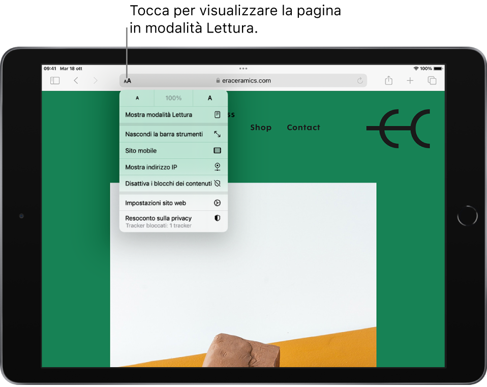 Una pagina web aperta. Sul lato sinistro del campo di ricerca è selezionato il pulsante “Impostazioni pagina”. Vengono mostrati i controlli per la dimensione del font, seguiti dall'opzione “Mostra modalità Lettura”.