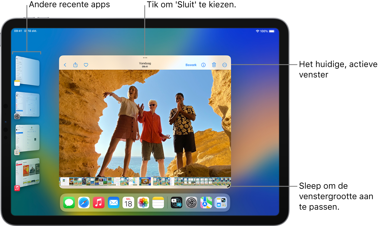 Het scherm van een iPad waarop Stage Manager is ingeschakeld. Het huidige venster staat in het midden van het scherm, met Multitasking-regelaars bovenaan en een regelaar om de grootte aan te passen rechtsonder. Onlangs gebruikte apps worden in een lijst aan de linkerkant weergegeven. De apps in het Dock worden onder in het scherm weergegeven.