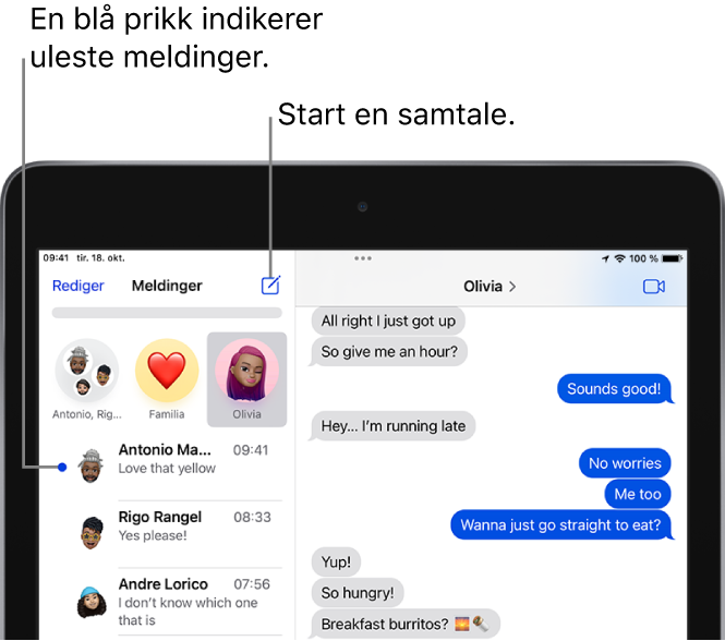 Meldinger-listen med Rediger-knappen øverst til venstre, og Bytt til FaceTime-knappen øverst til høyre. En blå prikk til venstre for meldingen indikerer at den er ulest.