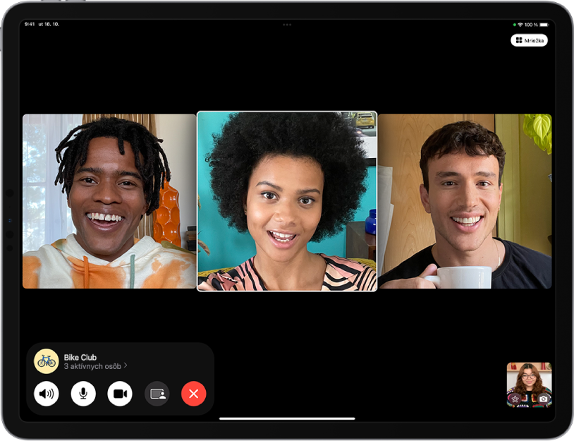 Skupinový FaceTime hovor so štyrmi účastníkmi vrátane jeho zakladateľa. Každý účastník sa zobrazuje na samostatnej dlaždici. Ovládacie prvky FaceTime sú v spodnej časti obrazovky vrátane tlačidiel Zvuk, Mikrofón, Kamera, Zdieľať obsah a Ukončiť. Nad ovládacími prvkami sa zobrazuje meno alebo Apple ID skupiny alebo osoby, s ktorou hovoríte, a tlačidlo Informácie.