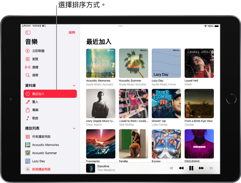 「資料庫」螢幕，在左側顯示側邊欄，並反白選取「最近加入」這幾個字。最近加入的播放列表和專輯顯示在右側。播放器位於右下方。
