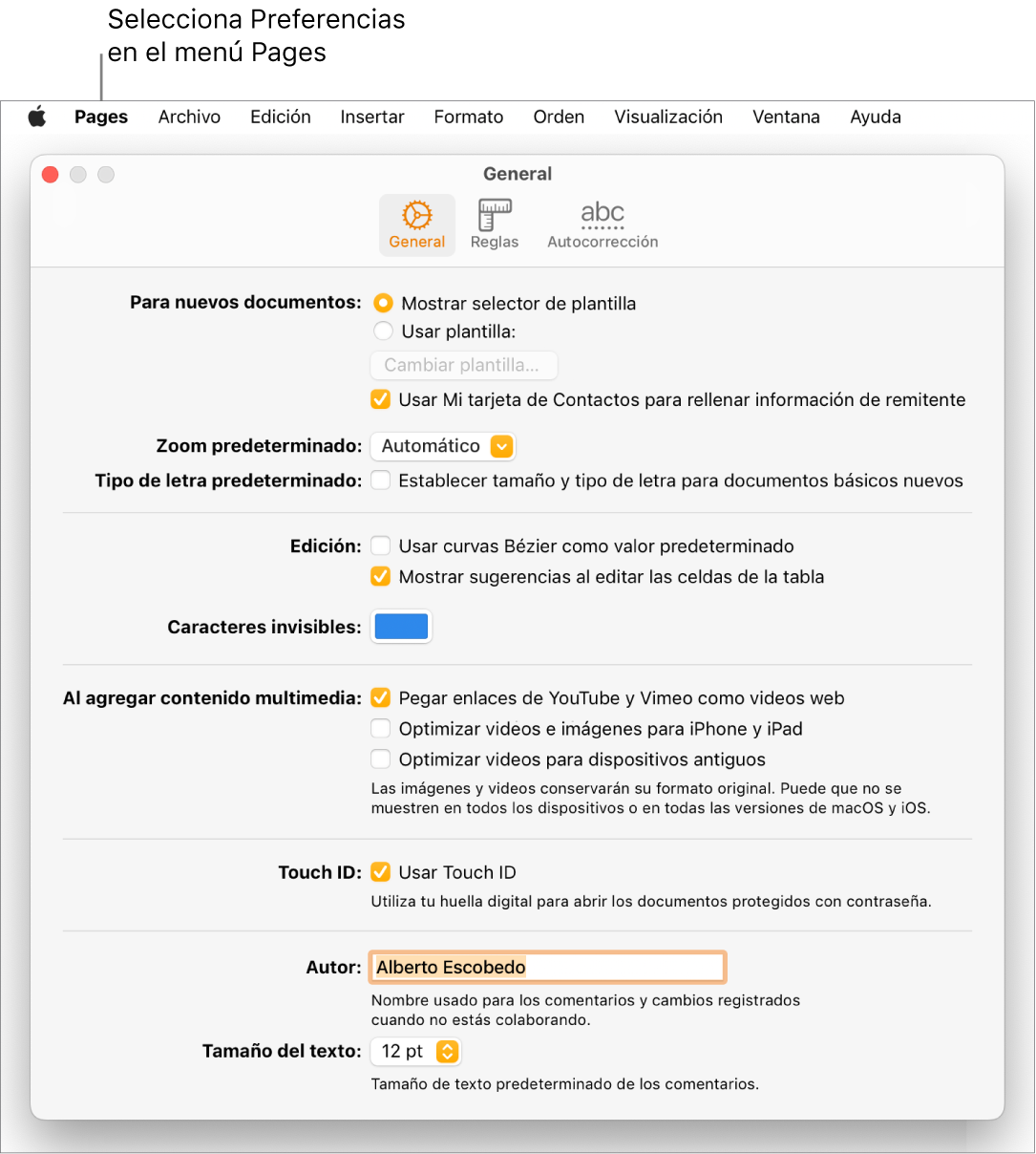 La ventana de configuración de Pages está abierta en el panel General, con configuraciones para documentos nuevos, el zoom y el tipo de letra predeterminado, la edición, las ecuaciones, los espacios invisibles, la adición de contenido, Touch ID, el nombre del autor y el tamaño de texto predeterminado.