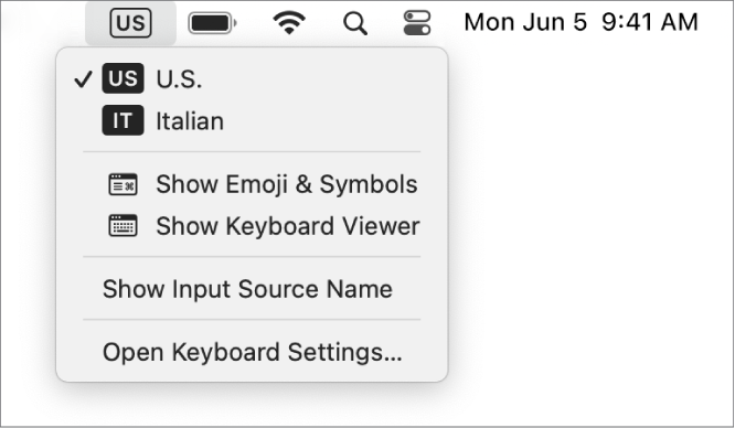 The Input menu on the upper-right side of the menu bar is open, and shows a number of languages available, menu items to open Emoji & Symbols and Keyboard Viewer, and more.