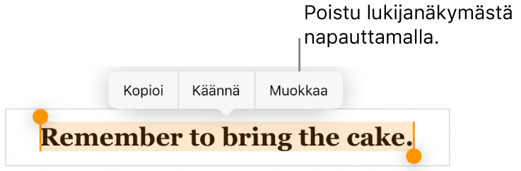 Lause on valittuna ja sen yläpuolella on kontekstikohtainen valikko, jossa on Kopioi- ja Muokkaa-painikkeet.