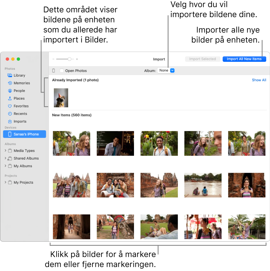 Bilder på enheten som du allerede har importert, vises øverst i Importer-vinduet. Nye bilder vises nederst. Øverst i midten vises Album-lokalmenyen. Importer alle nye objekter-knappen er øverst til høyre.