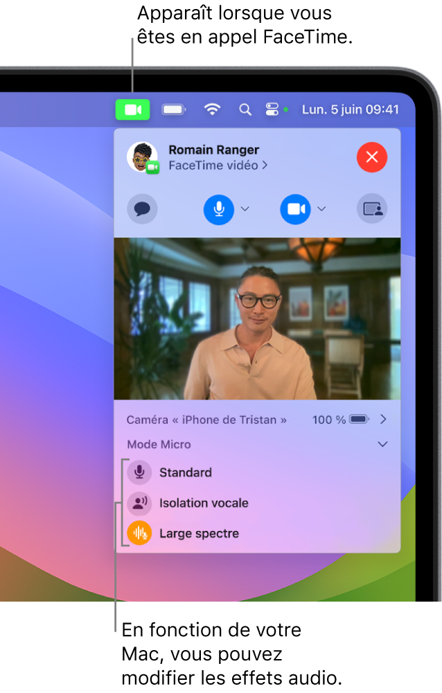 Centre de contrôle dans le coin supérieur droit de l’écran Mac, affichant le bouton Vidéo (qui apparaît lorsque vous êtes dans un appel FaceTime) et les options Mode micro (qui modifient les effets audio, selon votre Mac).