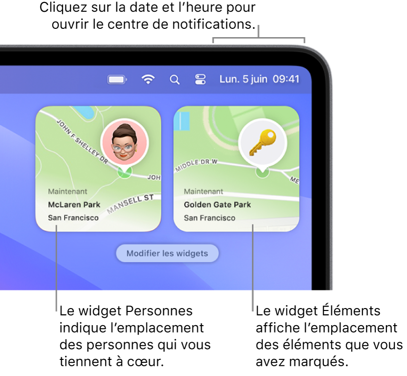 Deux widgets Localiser : un widget Personnes montrant la position d’une personne, et le widget Éléments montrant la position d’une clé. Cliquez sur la date et l’heure dans la barre des menus pour ouvrir le centre de notifications.