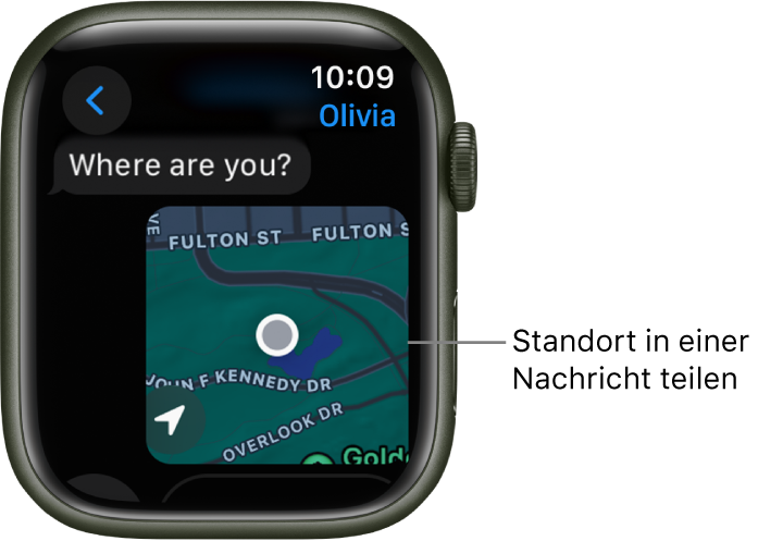 In der App „Nachrichten“ wird eine Karte angezeigt, in der der Standort der Person markiert ist.