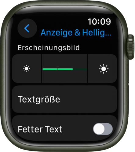 Die Einstellung „Anzeige & Helligkeit“ auf der Apple Watch: Oben befindet sich der Regler „Helligkeit“ und darunter die Taste „Textgröße“.