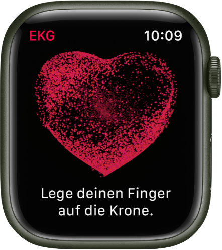 Die App „EKG“ mit dem Bild eines Herzens und dem Text „Lege deinen Finger auf die Krone.“