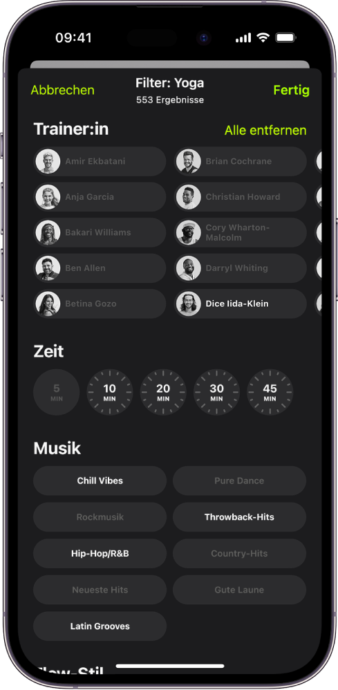 Die Apple Fitness+-Anzeige mit Optionen zum Sortieren und Filtern von Trainings. Im oberen Teil der Anzeige befindet sich eine Liste der Trainer:innen. Die Zeitintervalle stehen in der Mitte der Anzeige. Darunter siehst du eine Liste der Musikgenres.