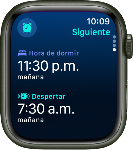 La pantalla de Sueño muestra un horario de sueño.