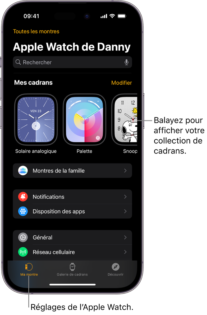 L’app Watch de l’iPhone qui affiche l’écran Ma montre, avec les cadrans en haut et les réglages en bas. L’app Watch comporte trois onglets dans la partie inférieure de son interface : à gauche, Ma montre vous permet d’accéder aux réglages de l’Apple Watch; ensuite, la galerie de cadrans vous permet de parcourir les cadrans et complications disponibles; puis, Découvrir vous permet d’en apprendre plus sur l’Apple Watch.