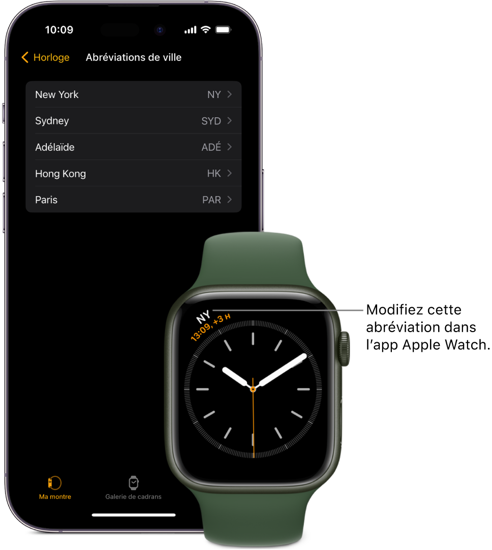 Un iPhone et une Apple Watch côte à côte. L’écran de l’Apple Watch affiche l’heure de New York, dont l’abréviation est NYC. L’écran de l’iPhone affiche la liste des villes dans les réglages Horloges de l’app Watch.