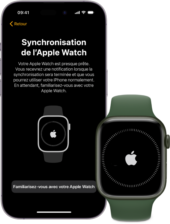 Un iPhone et une Apple Watch, côte à côte. L’écran de l’iPhone affiche « Synchronisation de l’Apple Watch ». L’Apple Watch affiche l’avancement de la synchronisation.