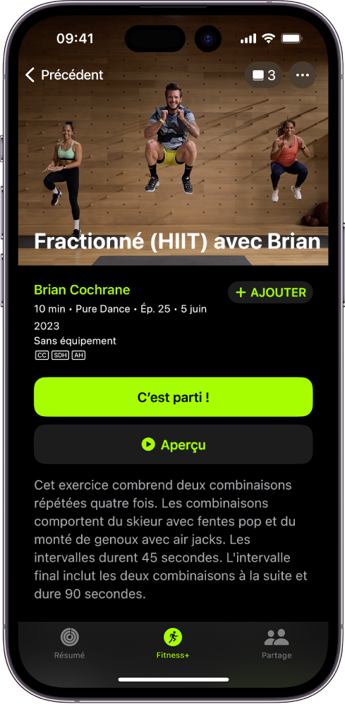 L’écran Apple Fitness+ affichant un exercice. Une image de coachs effectuant un exercice apparaît en haut de l’écran. Le titre de l’exercice et le nom du coach animant l’exercice se trouvent au centre de l’écran. Au-dessus des détails de l’exercice figurent les boutons permettant de démarrer l’exercice et d’en obtenir un aperçu.