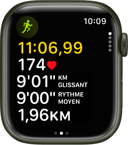 Un exercice de course à pied en cours affiche le temps écoulé de l’exercice, la fréquence cardiaque, le rythme glissant sur un mile, rythme moyen et la distance totale parcourue.