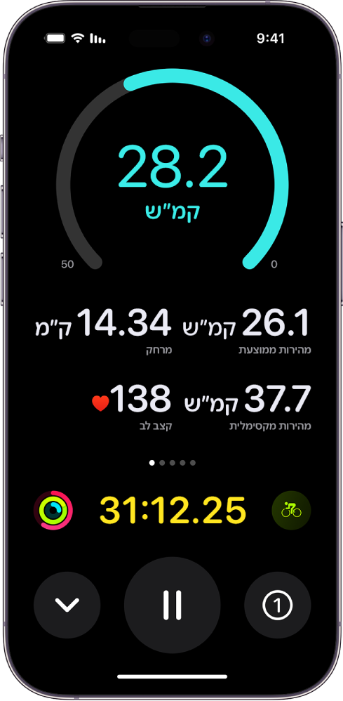 אימון רכיבה שמתקיים כעת מוצג ב-iPhone כפעילות בלייב, עם מהירות האימון, מהירות ממוצעת, המרחק שעברת, המהירות המקסימלית, הדופק וסה״כ הזמן שחלף.