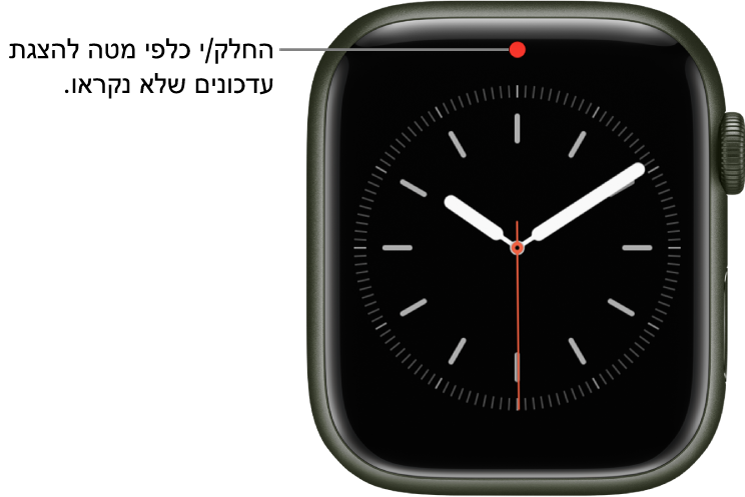 כאשר ישנו עדכון שלא נקרא, מוצגת נקודה אדומה בחלק המרכזי העליון של עיצוב השעון.