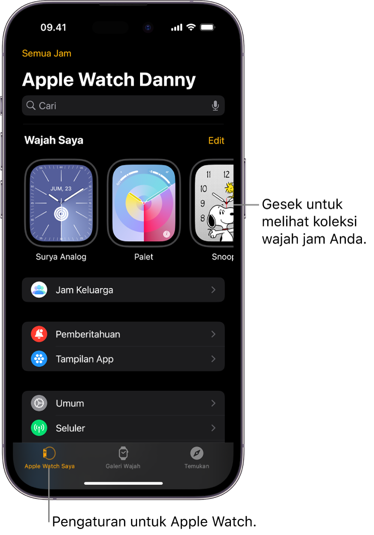 App Apple Watch di iPhone dibuka pada layar Apple Watch Saya, yang menampilkan wajah jam Anda di dekat bagian atas, dan pengaturan di bawahnya. Terdapat tiga tab di bagian bawah layar app Apple Watch: tab kiri adalah Apple Watch Saya di mana Anda membuka pengaturan Apple Watch; berikutnya adalah Galeri Wajah di mana Anda dapat menjelajahi wajah dan komplikasi jam yang tersedia; lalu Temukan, tempat Anda dapat mempelajari Apple Watch lebih lanjut.