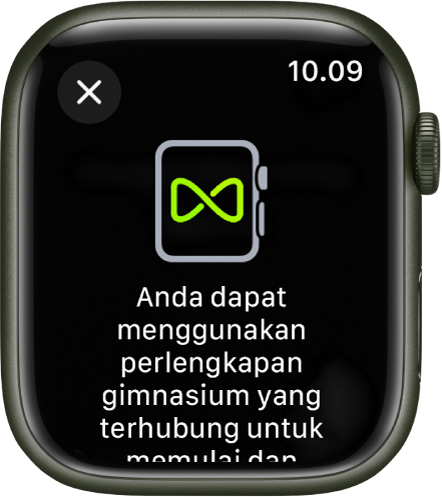 Layar pemasangan yang muncul saat Anda memasangkan Apple Watch Anda dengan alat gimnasium.