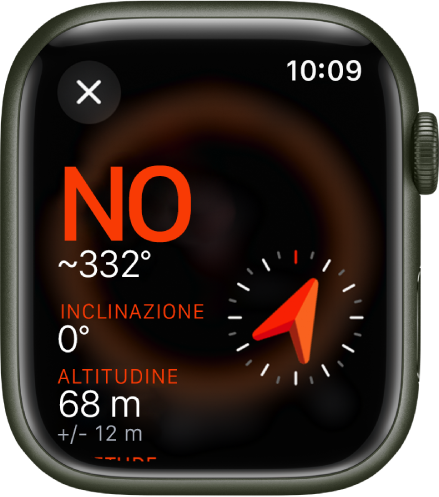 L’app Bussola con la schermata delle informazioni. Il rilevamento è al centro, a sinistra, con la bussola che punta verso nord-ovest, a 332 gradi. Sotto vengono mostrate l’inclinazione e l’altitudine correnti. A destra è presente l’icona della bussola. In basso a sinistra è presente il pulsante Chiudi.