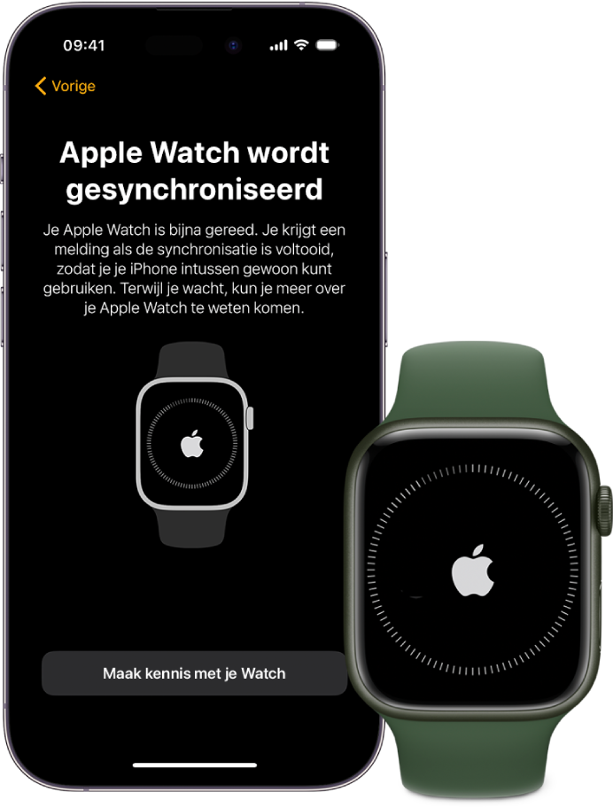 Een iPhone en een Apple Watch met synchronisatieschermen.