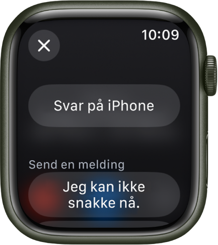 Telefon-appen som viser valg for innkommende anrop. Svar på iPhone-knappen vises øverst, og et foreslått svar vises under.