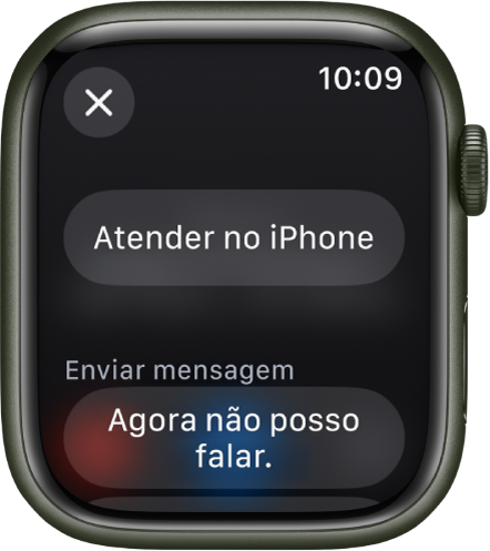 A aplicação Telefone a mostrar as opções de chamada recebida. O botão “Atender no iPhone” encontra-se na parte superior e há uma sugestão de resposta por baixo.