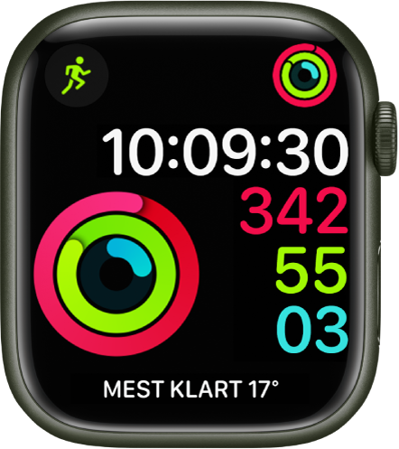 Urtavlan Aktivitet digital som visar klockan och även framsteg för målen Rörelse, Träning och Stå. Det finns också tre komplikationer: Träning högst upp till vänster, Aktivitet högst upp till höger och Väderförhållande-komplikationen längst ned.