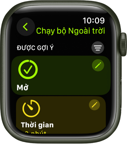 Ứng dụng Bài tập đang hiển thị màn hình để sửa bài tập Chạy bộ ngoài trời. Ô Mở ở chính giữa với nút Sửa ở trên cùng bên phải. Một phần của ô Thời gian ở bên dưới.