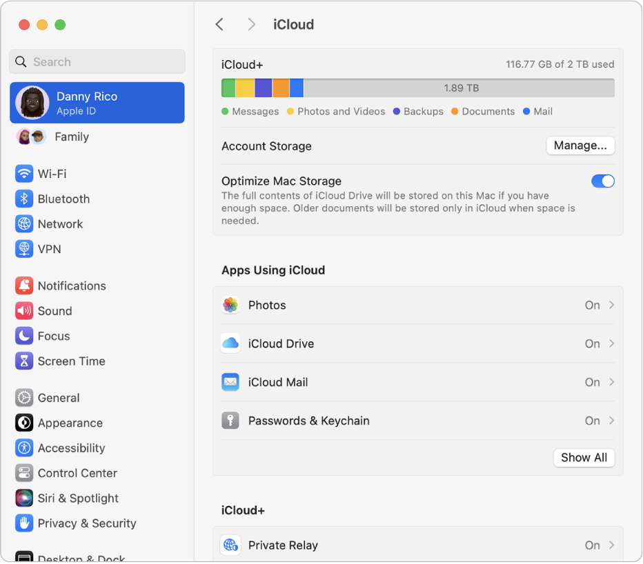 Tetingkap Seting Sistem dengan ciri iCloud yang dipilih.