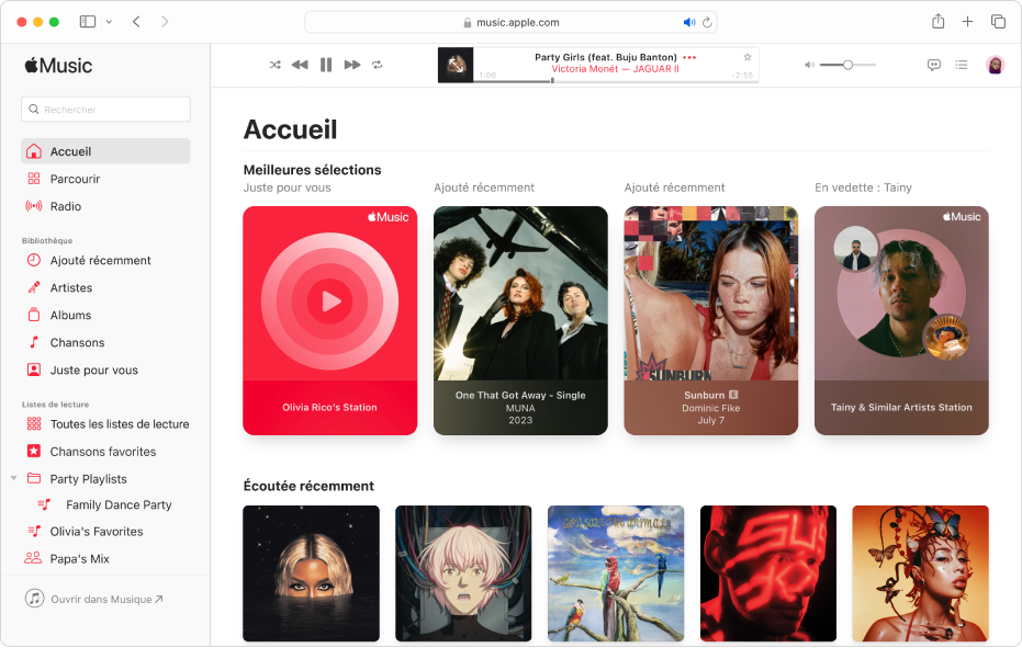 La fenêtre d’Apple Music affichant l’écran d’Accueil dans Safari.