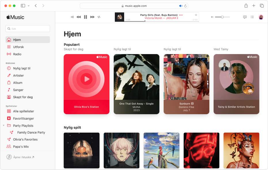 Apple Music-vinduet i Safari viser Hjem-skjermen.