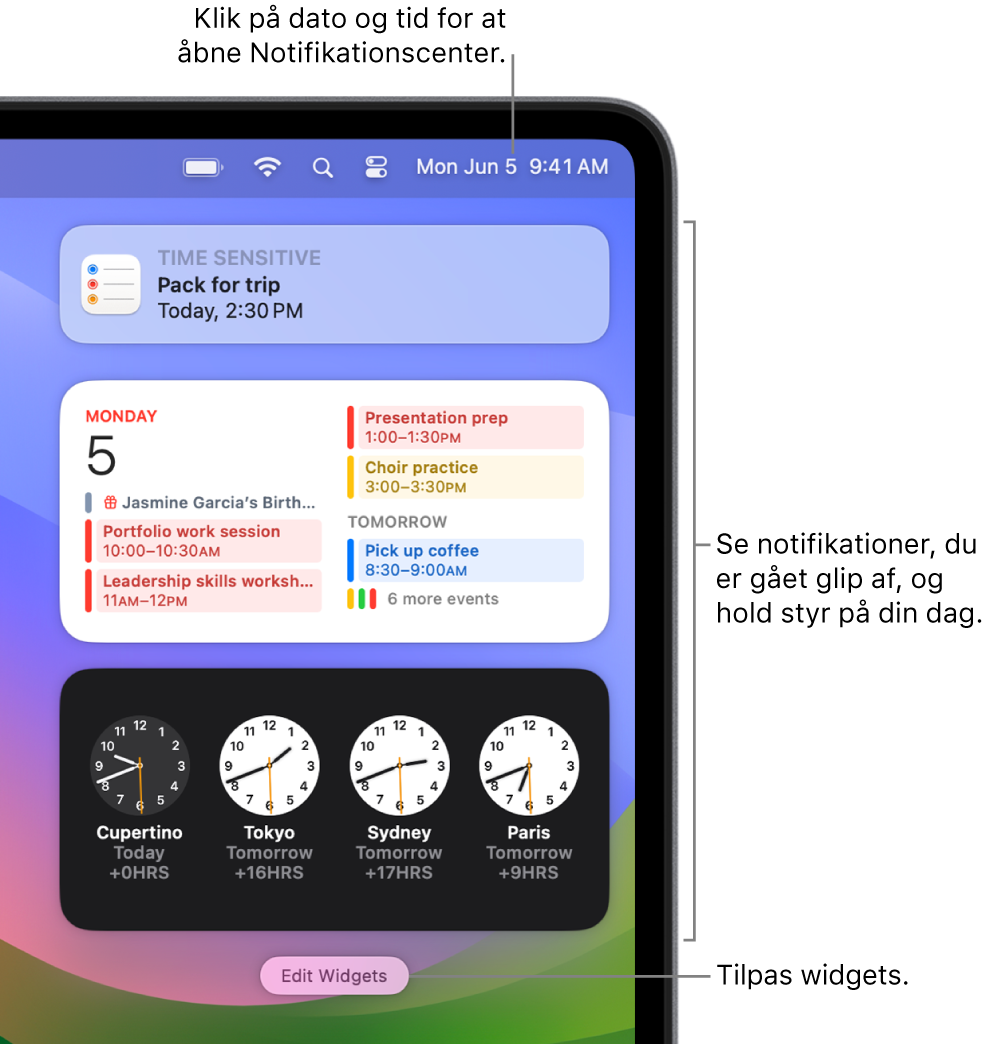 Notifikationer og widgets i Notifikationscenter.