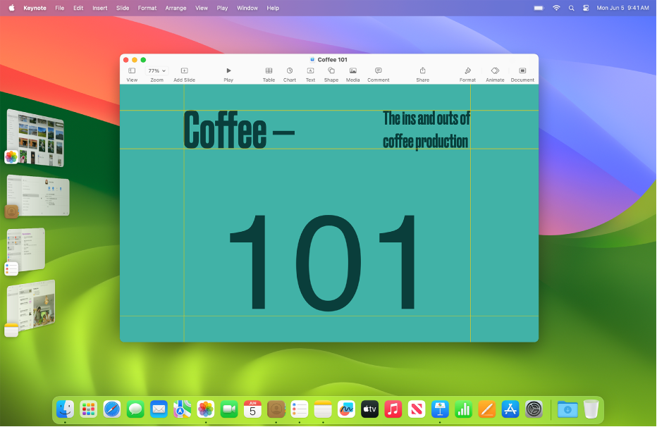 Μια οθόνη όπου φαίνεται το Keynote στο κέντρο και άλλες ανοιχτές εφαρμογές στην αριστερή πλευρά με χρήση του Προσκηνίου.
