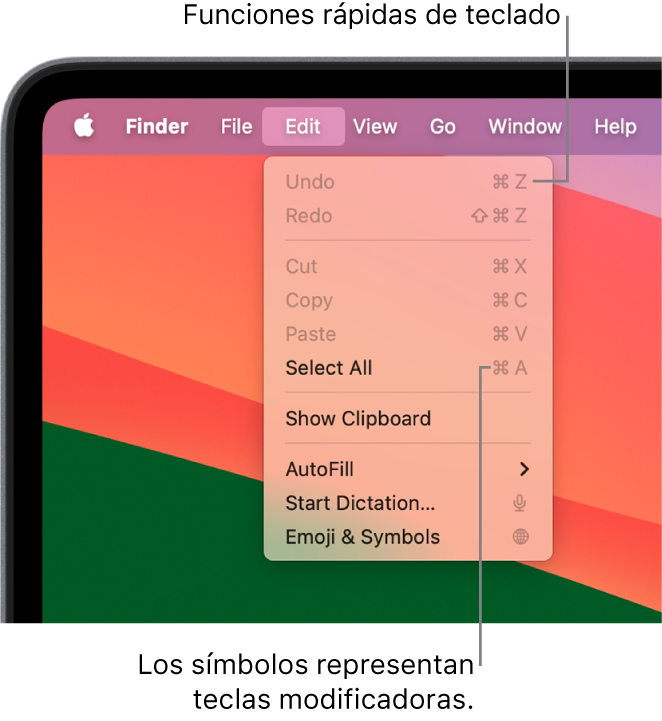 El menú Edición está abierto en el Finder, y los elementos del menú tienen funciones rápidas de teclado a un lado.