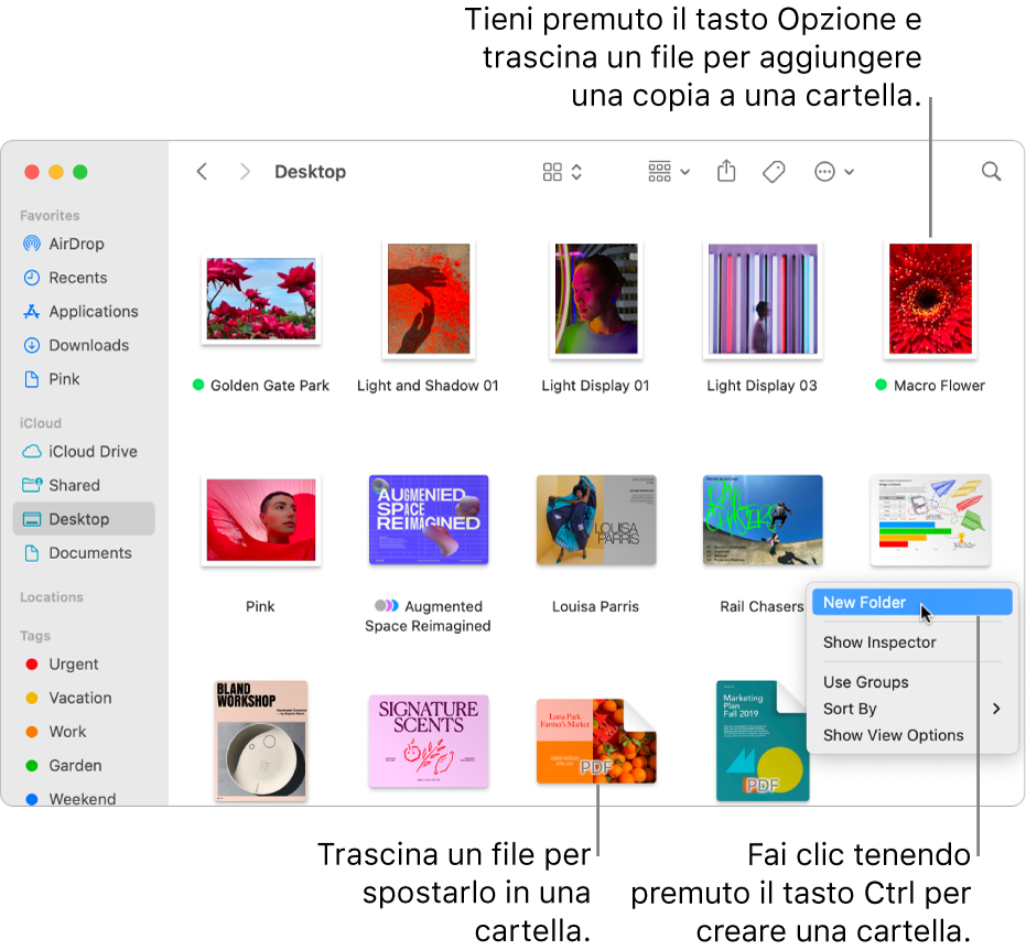 Una finestra del Finder con file e cartelle. Nel menu delle abbreviazioni è evidenziata la dicitura “Nuova cartella”.