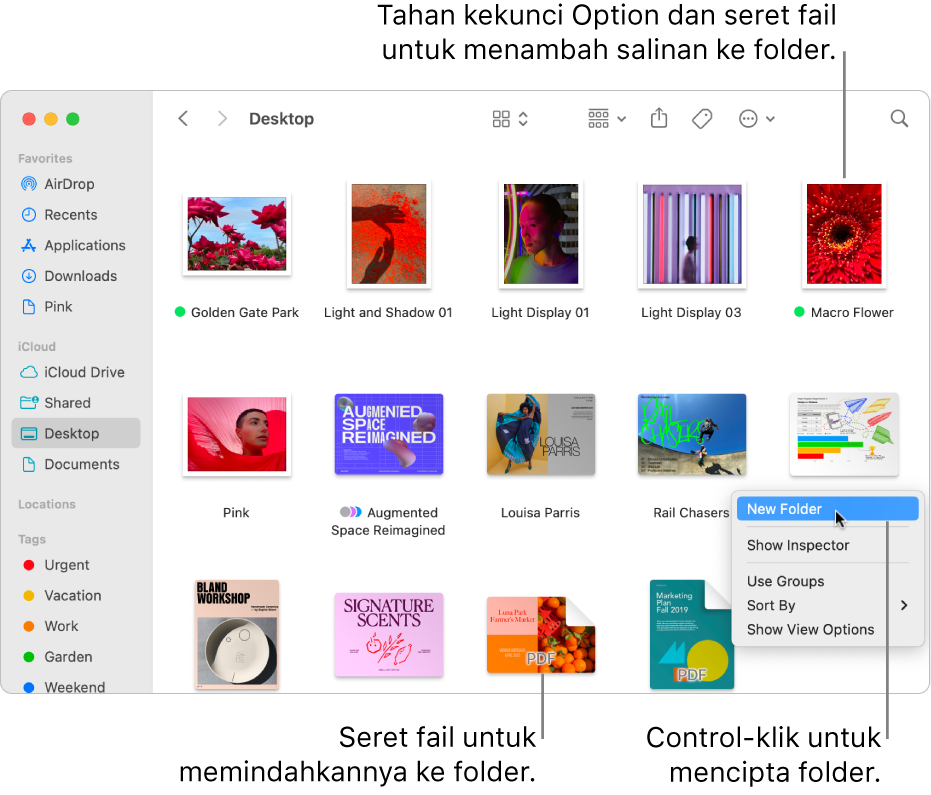 Tetingkap Finder yang mengandungi fail dan folder. Dalam menu pintasan, Folder Baharu diserlahkan.