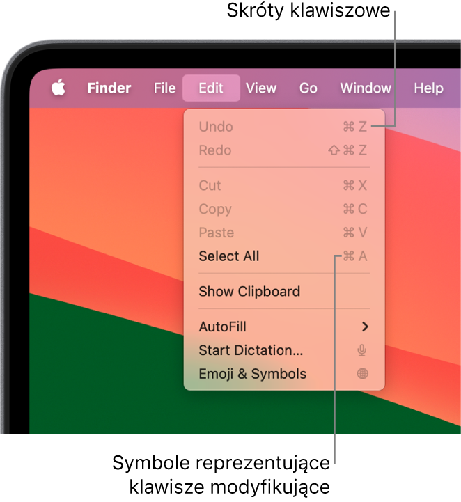 Menu Edycja otworzone w Finderze. Obok poleceń menu widoczne są skróty klawiszowe.