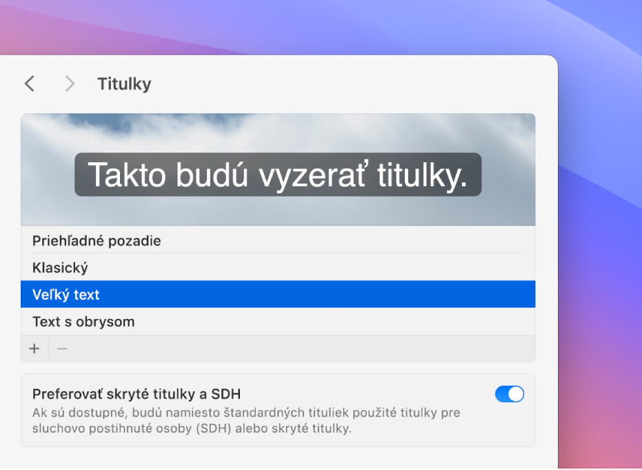 Okno nastavení titulkov zobrazuje príklad veľkého textu titulkov.