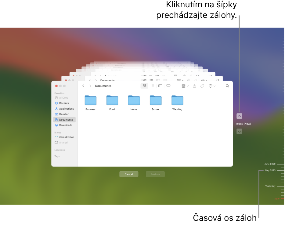 Okno aplikácie Time Machine zobrazujúce viacero obrazoviek Findera, ktoré predstavujú zálohy a šípky určené na navigáciu. Šípky a časová os zálohovania na pravej strane vám pomáhajú pri navigácii v zálohách, aby ste si mohli vybrať, ktoré súbory chcete obnoviť.