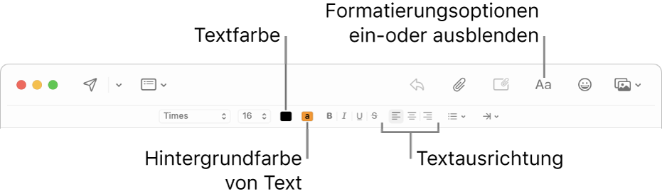 Die Symbolleiste und die Formatierleiste im Fenster für eine neue Nachricht mit den Tasten für die Textfarbe, die Hintergrundfarbe und die Textausrichtung.