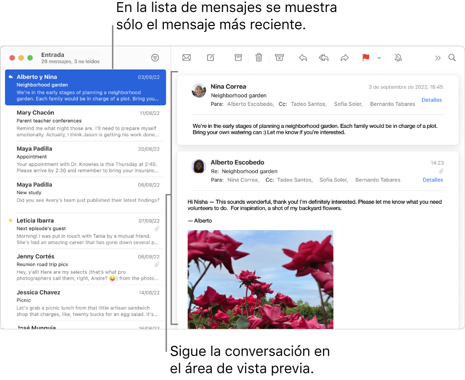 De este modo, en la lista de mensajes solamente se muestra el mensaje más reciente de cada conversación. Un número sobre el mensaje indica cuántos mensajes de la conversación hay en el buzón actual. Sigue la conversación en el área de vista previa.