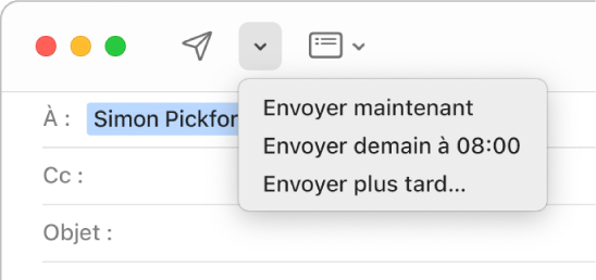 Un menu dans la fenêtre de message affichant différentes options pour l’envoi d’un courriel : Envoyer maintenant, Envoyer à 8 h 00 demain et Envoyer plus tard.